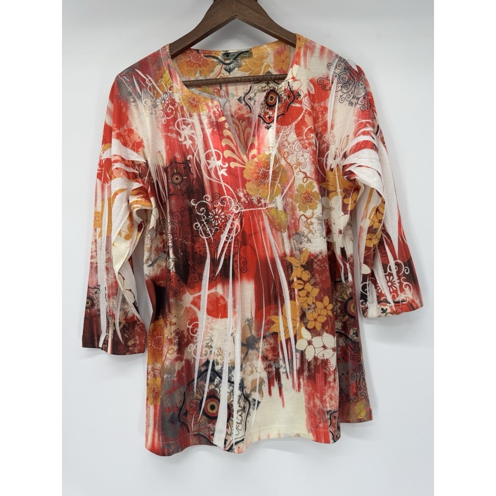 Vintage Suzie Y2K Burnout blouse 3/4th sleeve multicolored florals 90s boho L - Picture 4 of 9